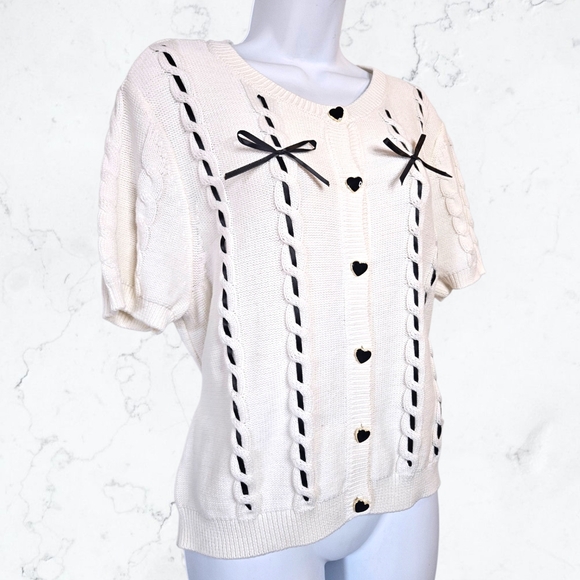 Avec Les Filles White & Black Bow Trim Heart Button Up Cardigan Sweater - Picture 5 of 11